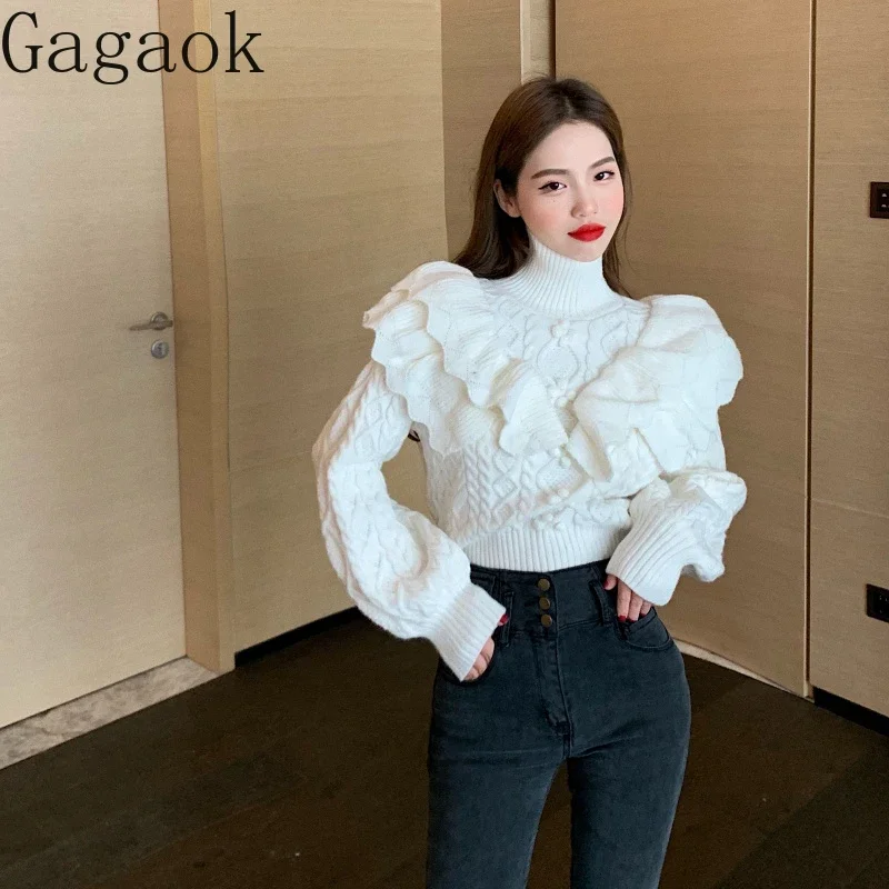 Gagaok-女性用ハイカラーフリッドジャストワイトセーター、ルーズニットシャツ、スリム韓国トップ、新品、秋、冬、2023