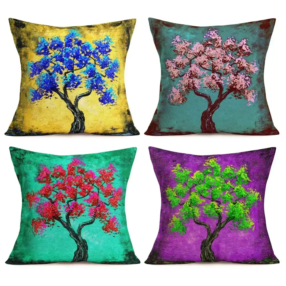 Oil painting tree purple cyan yellow linen pillowcase sofa cushion cover home improvement can be customized for you 40x40 50x50