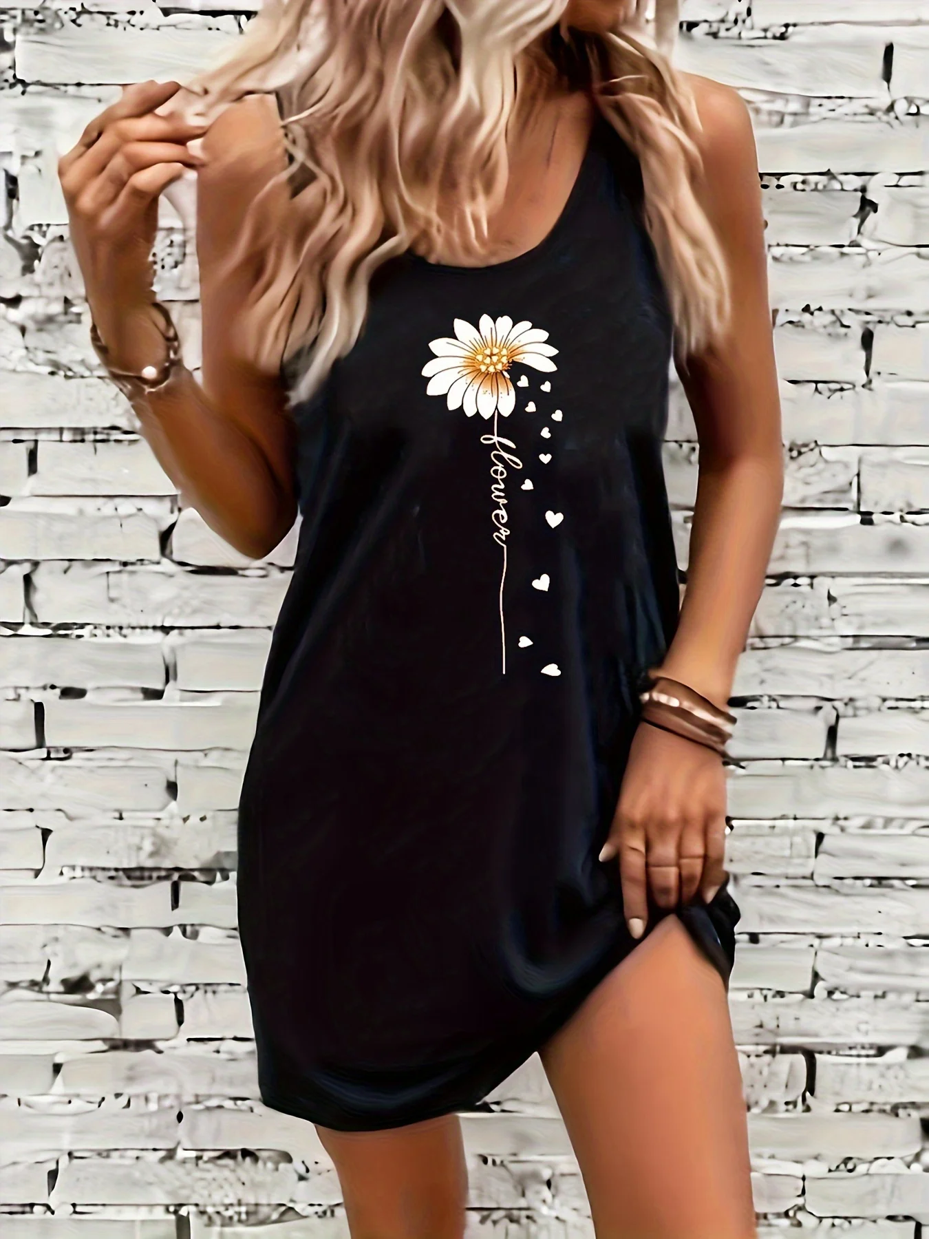 Abito estivo da donna senza maniche con canotta Mini abito corto senza maniche ampio estivo da donna sexy con stampa nera