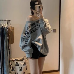 American Slant Shoulder Sweatshirt Women Loose Hip Hop Street Letter Printed Cray Pullover Spring Autumn Lazy Chic Studern Top