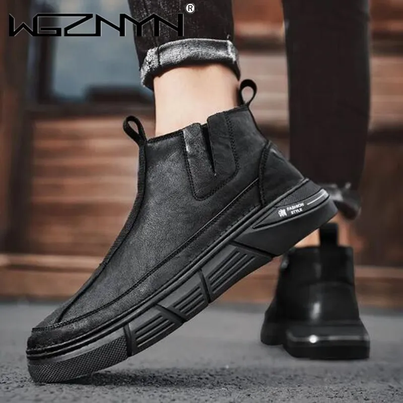 2024 Men\'s Boots Leather Casual Shoes Comfortable Breathable Solid Color Autumn Winter Men Loafers Plus Size Ankle Boots on Sale