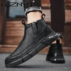 2024 Men's Boots Leather Casual Shoes Comfortable Breathable Solid Color Autumn Winter Men Loafers Plus Size Ankle Boots on Sale