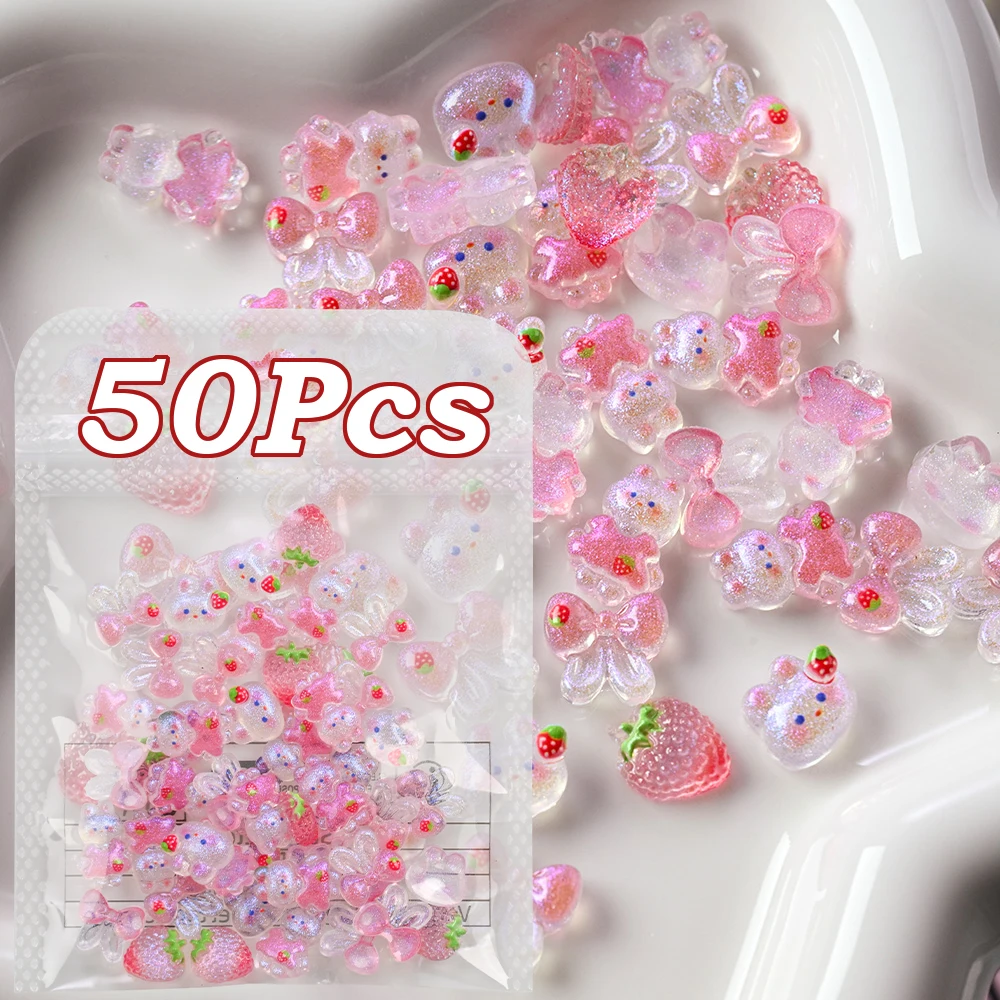 

50Pcs Glitter Pink Rabbit Bow Nail Charms 3D Cute Cartoon Strawberry Bunny Bowknot Sweet Nail Art Decorati Resin Y2k Nail Access