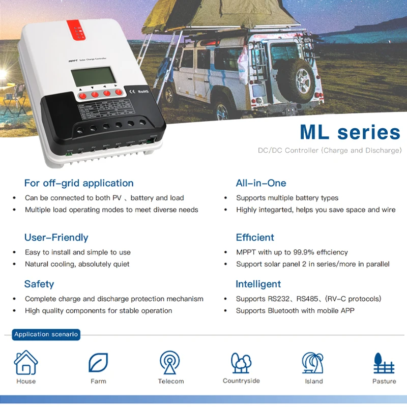 SRNE MPPT 태양광 충전 컨트롤러, 12V, 24V 배터리 전압 자동 식별, 100V PV 입력 ML 시리즈 ML2420 2430/2440, 20 A, 30 A, 40A 썸네일 4