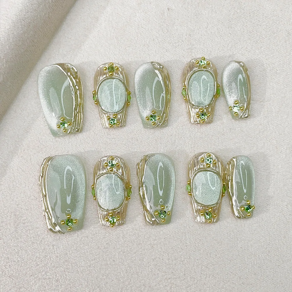 10pcs Short Trapezoid Handmade Press On Nails Kit, Cyan Fake Nails, Noble Elegant Wearable Nail Art, Shining Dots