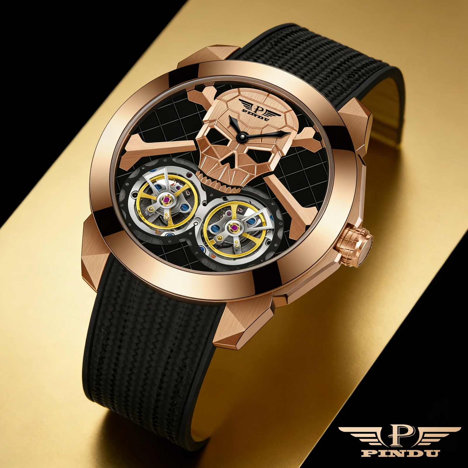 PINDU 2026 New Double Flying Wheel Mechanical Watch Men Ghost Head Dial JHLS33-1 Movement Waterproof Automatic Mechanical Watch
