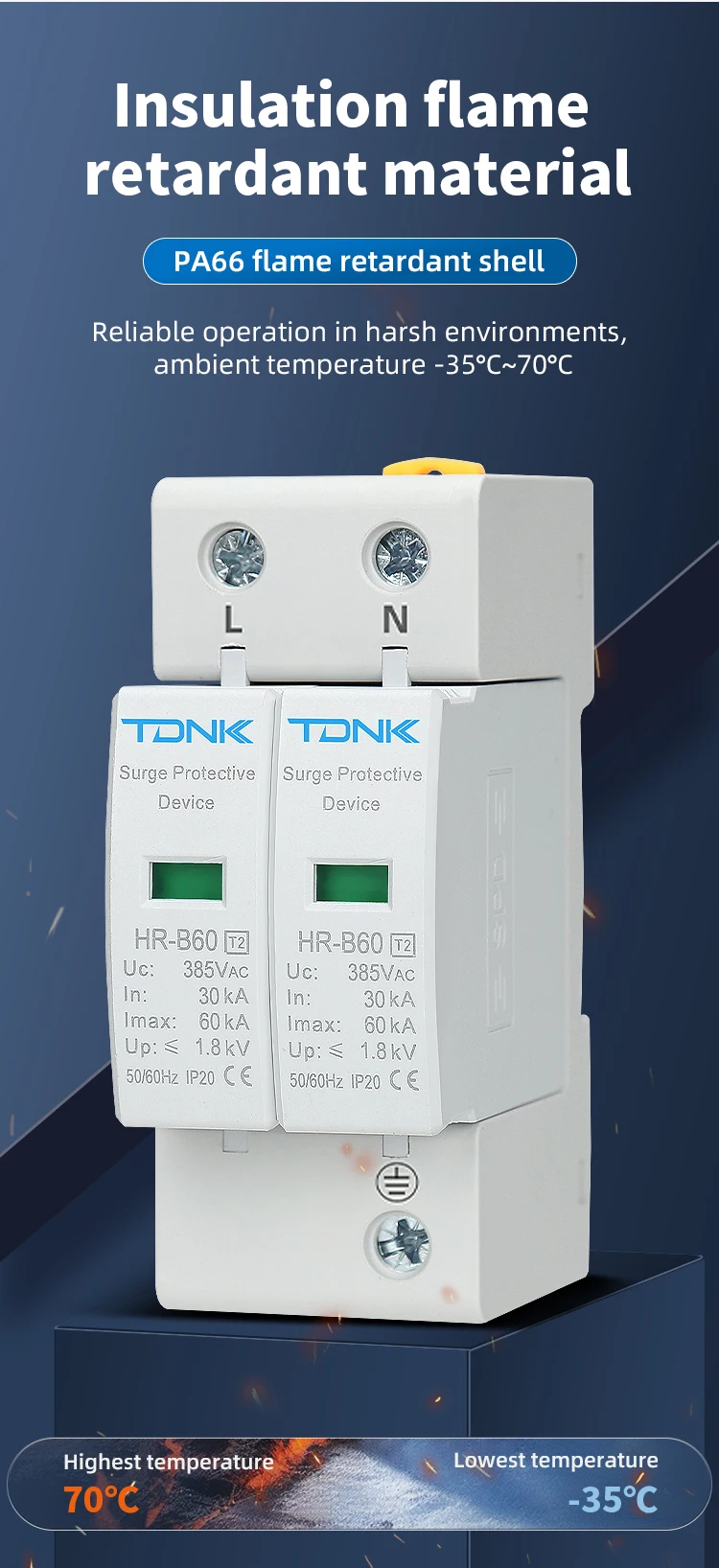 2P AC SPD 20KA-40KA 30KA-60KA 275V 385V Überspannungsschutzgerät für Häuser, Niederspannungs-Überspannungsableiter – Detail 3