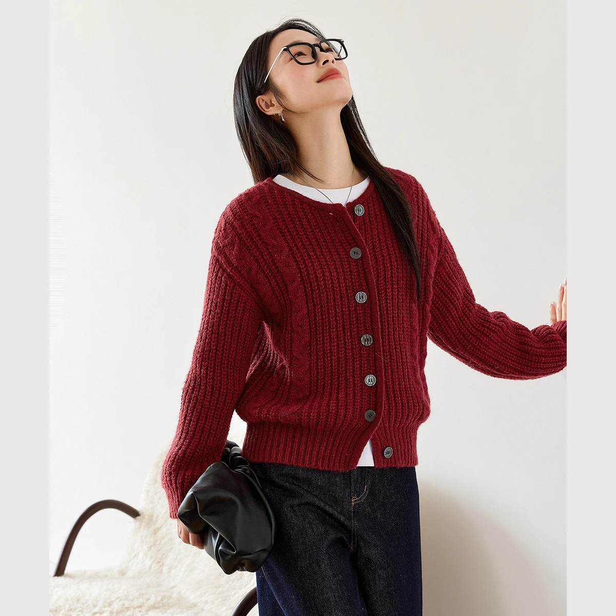 VIMLY Cardigan rosso donna Casual 2025 inverno girocollo lavorato a maglia all'uncinetto maglioni femminili cavo retrò maglioni larghi da donna 73658