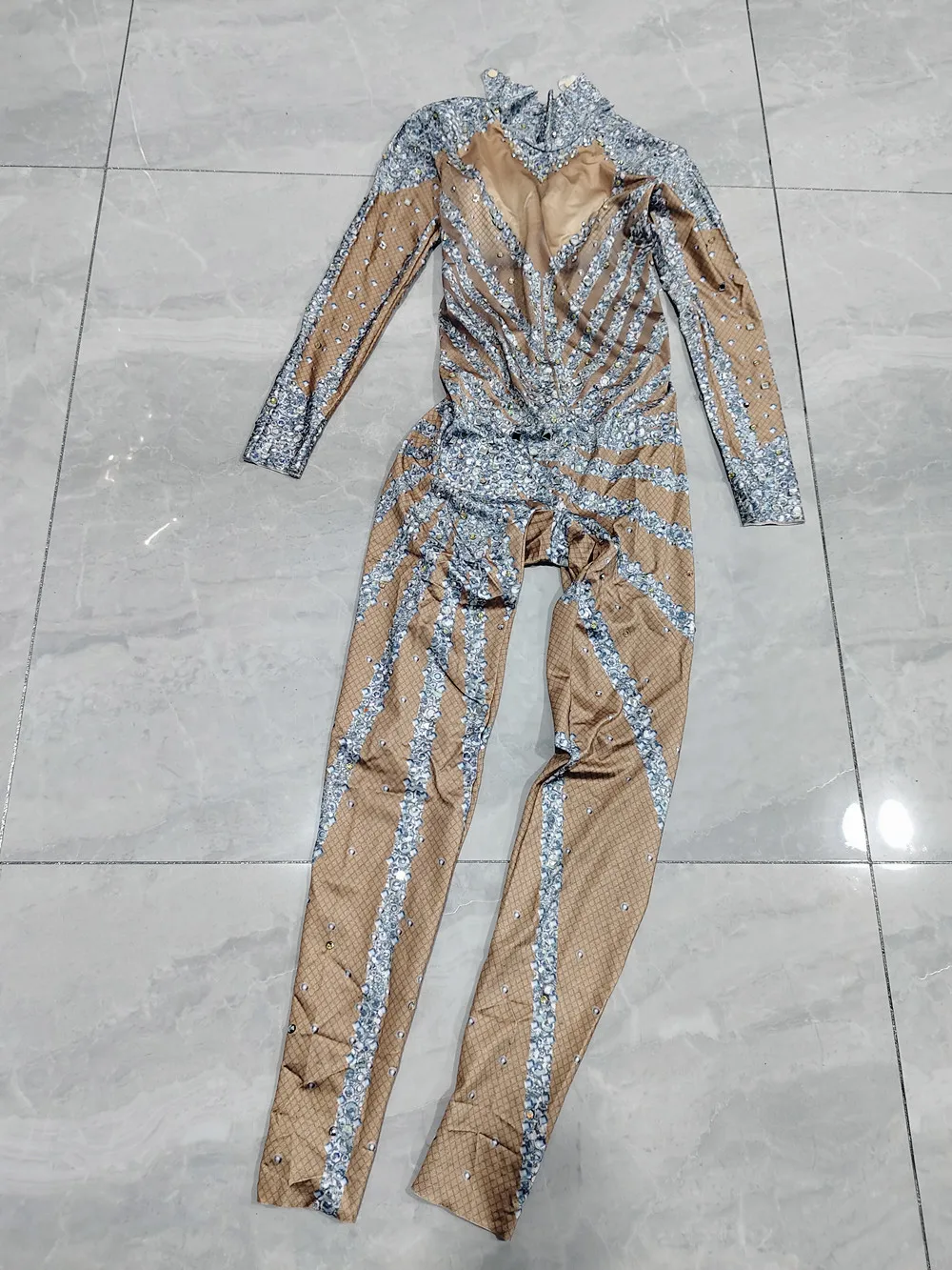 Op voorraad Halloween-feestkostuum Dames Print Crystal Jumpsuit met lange mouwen Rollenspel Prestaties Stadiumkleding Nachtclub Turnpakje