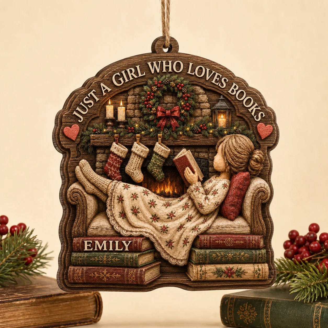 Book Lover Custom Wood Ornament Personalized Reading Book on Sofa Decoration Christmas Gift for Bookworms Readers Women Girls