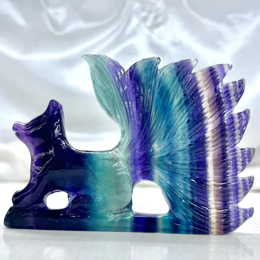 Natural Trolleite Nine-tailed Fox Carving Cartoon Stones Healing Polished Ornaments Home Decoration 1PCS