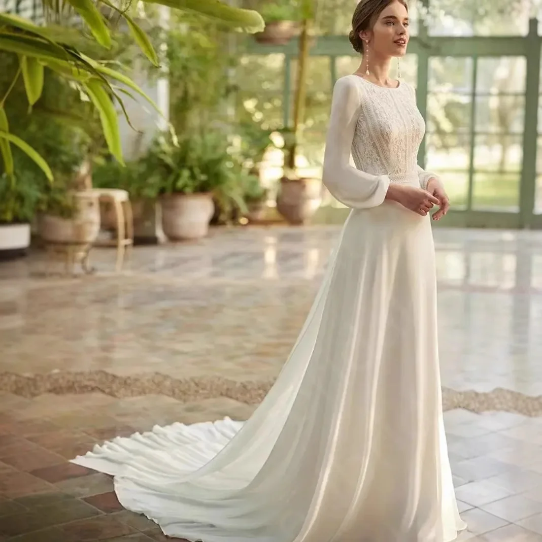 

A-Line Wedding Dresses Long Sleeve Fashion Vestidos De Novia Court Train Appliques Robe De Mariée Custom-Made