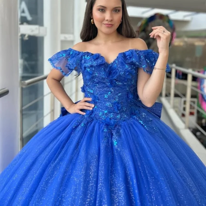 

Shiny royal blue Quinceanera Dress off-shoulder glitter 3D flower Decal Long tail Bow vestidos de 15 Quinceanera ﻿Customize