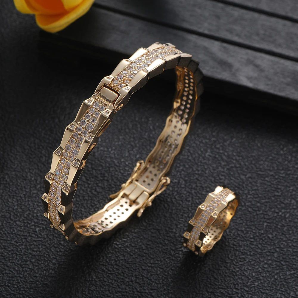 Luxury Retro Wide Face Women's Bracelet Wedding Cube Zircon Crystal Dubai Bracelet Party Jewelry S682