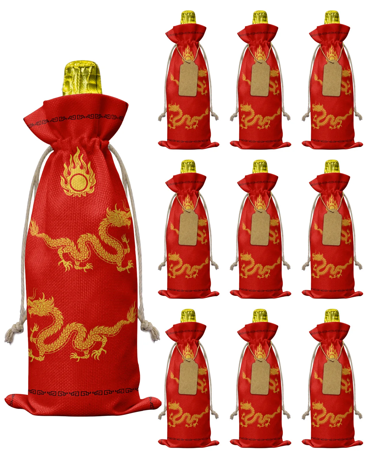 10pcs Dragon Red Background Wine Bottle Bag with Drawstring Festive Party Decor Wine Bottle Covers Xmas Gift