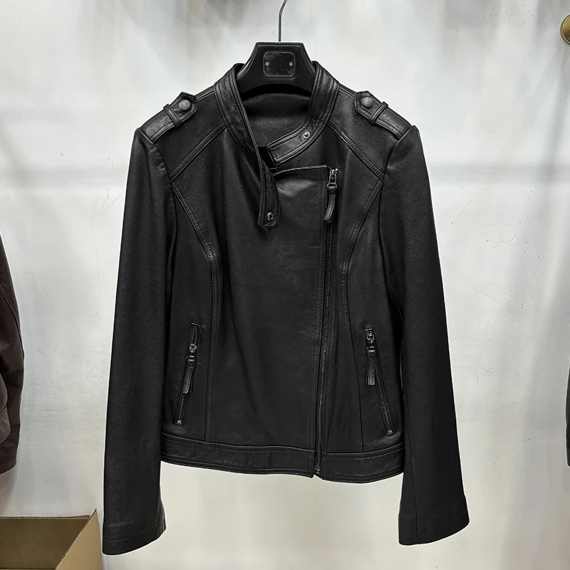 2025 Women Classic Spring Genuine Sheepskin Leather Moto Biker Style Jacket Coat Autumn Real Leather Jacket