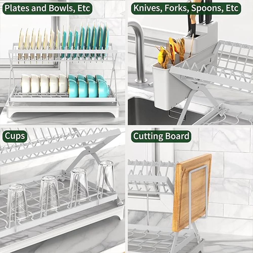 Escurridor de platos de cocina de 2 niveles, estante de almacenamiento plegable para cuencos, organizador de vasos de agua con drenaje retráctil de 360 °