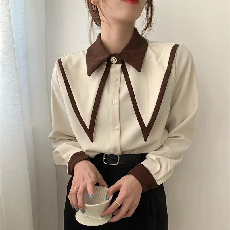 MEXZT Vintage Elegant Shirts Women Chiffon Patchwork Ruffle Turn Down Collar Long Sleeve Blouse Korean Office Lady Loose Tops