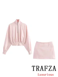 TRAFZA Vintage Casual Chic Solid Women Suit Zipper Stand Collar Short Jackets Straight Mini Skirt New Fashion 2024 Autumn Suit