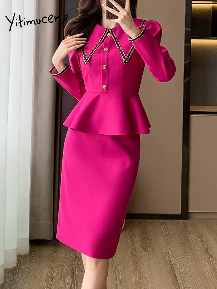 Yitimuceng Women Elegant Office Skirt Set Slim Fit Monochromatic Single Breasted New Two Piece Set