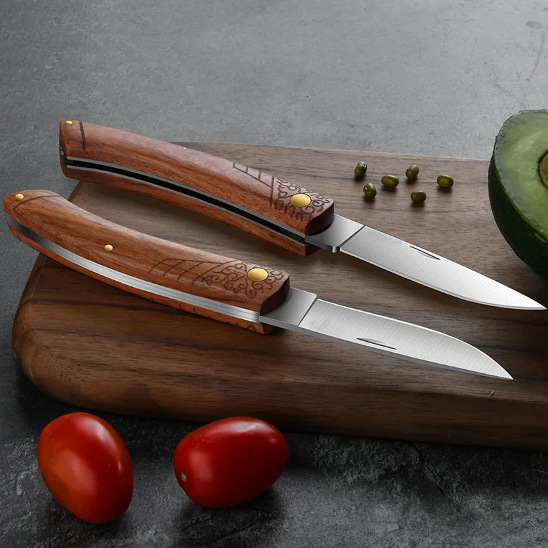 Folding Fruit Knife Stainless Steel  Sharp Pocket Knife Wooden Handle Kitchen Accessories Portable Outdoor Camping Knives