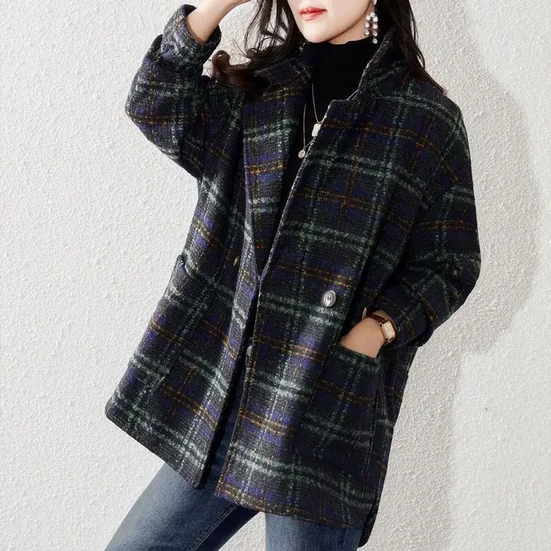 Over Blazer Woman Jacket Dress Clothes Colorblock Long Tweed Loose Coats for Women Outerwears Plaid Check Wool & Blend American