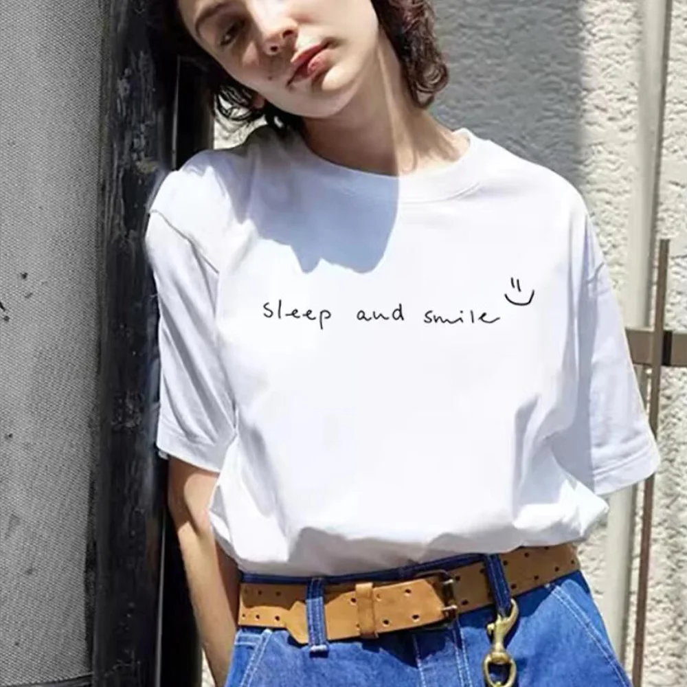 Sleep and Smile Letters Printed White Loose Cotton Tops Tees Women Summer Short Sleeve Casual Tshirt Crewneck Aesthetic T Shirt