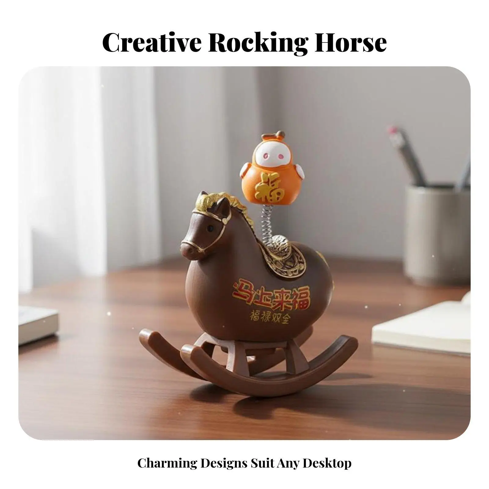 Hand Painted Rocking Horse Statue Resin Bobblehead Figurine for Bookshelf Cheerful Miniature Horse Decor Desk Sculpture