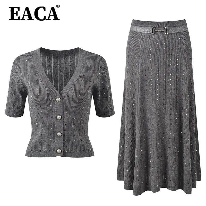 EACA Heavy Industry Hot Diamond 2024 Spring/Summer New V-neck Single Breasted Elastic Slim Fit Thin Top Half Skirt Set