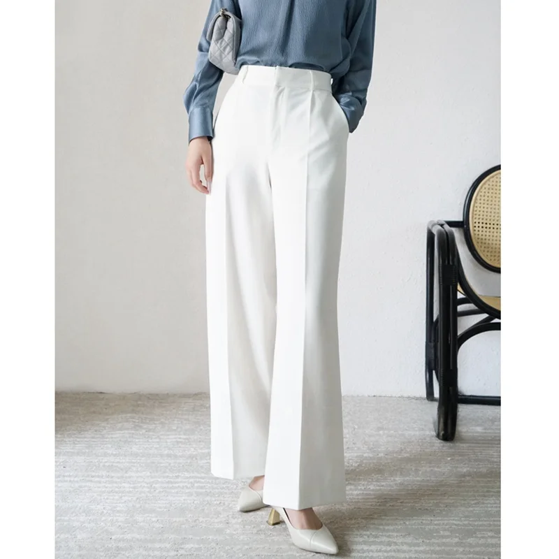 

Женские повседневные брюки с высокой талией и широкими штанинами, струящиеся, для офиса, белые, удлиненные, K06, полиэстер