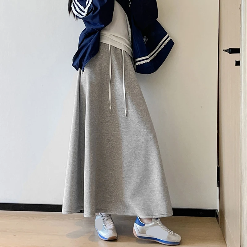 

Korean Simple High Waist A Line Skirts Women All Match Elastic Waisted Loose Long Skirt Woman Drawstring Casual Skirt Female