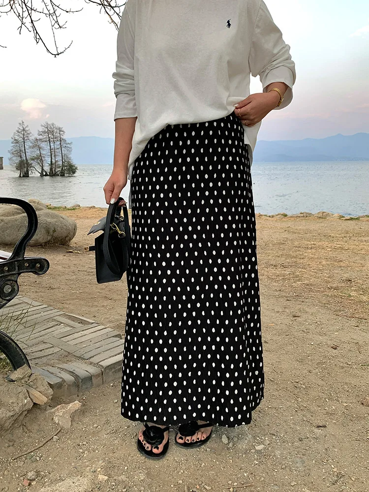 

Юбка миди в горошек Lin Da Hui для женщин больших размеров, летняя новинка в корейском стиле, стройнящая, скрывающая недостатки фигуры, средней длины