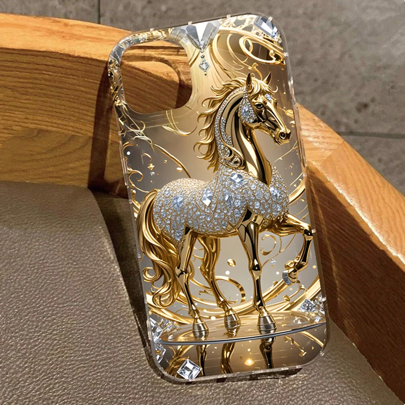 Fashion Golden Horse Pattern Phone Case For iPhone 17 16 15 14 13 12 11 Pro Max Mini 7 8 Plus X XS XR 17Air 16E Transpernt Cover