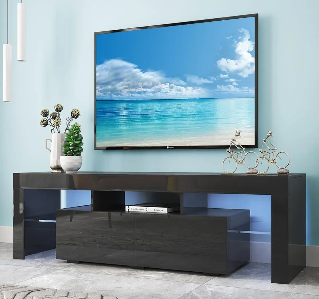 TV Stand, Modern TV Stand with LED Strip & Power Outlets, LED TV Stand for 45 50 55 60 65 70 inch TV, Entertainment Cent