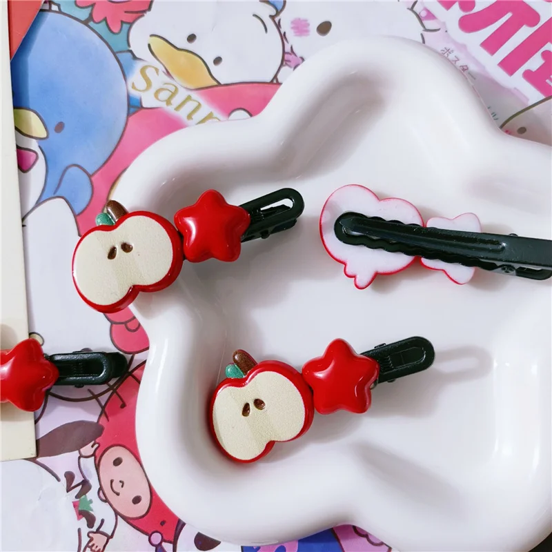 2 Stück/Set Mädchen Haaraccessoires Cartoon Apfel Stern Entenschnabel Haarspange Niedliche Stirn- und Seitenfransen-Haarnadel Kinder-Kopfschmuck – Detail 7