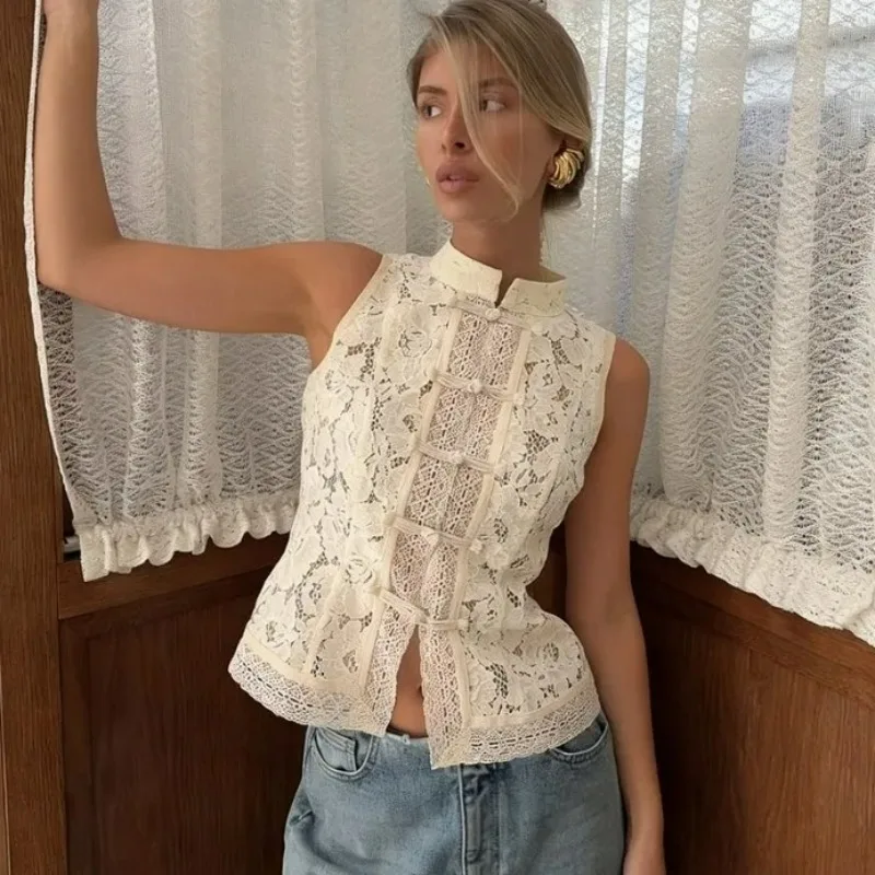 

Ticketsx Fashion Lace Patchwork Blouse Women's Fashion Hollow Out Sleeveless Slim Tops Summer Elegant Commuter Female Clothing