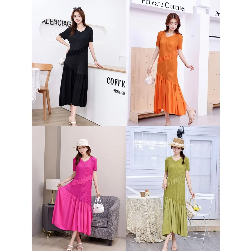 

Miyake Pleated French Dress Pleats Popular Princess Dresses 2025 Summer Round Neck Spliced Dresses Female Fashion Long Dress