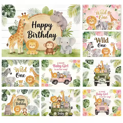 Tropical Jungle Safari Photography Backdrop Animal Lion Giraffe 1st Newborn Baby Birthday Party Family Photozone Background