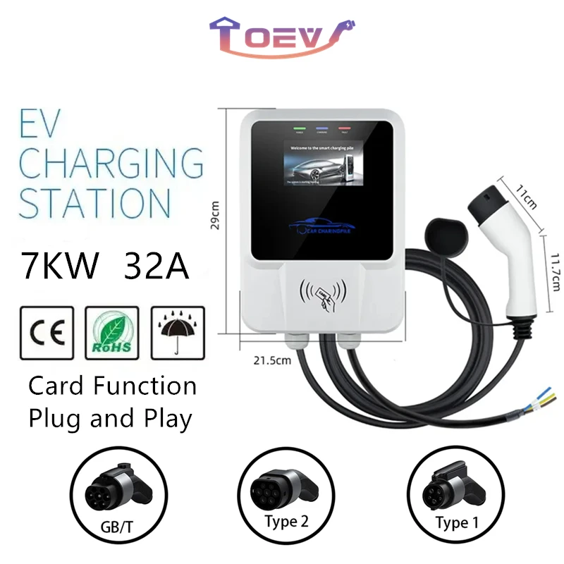 TOEV 7KW Electric Car Charging Station with Rfid Cards EV Charger Type 2/Type 1/GBT EV Wallbox Chargers IEC62196 J1772