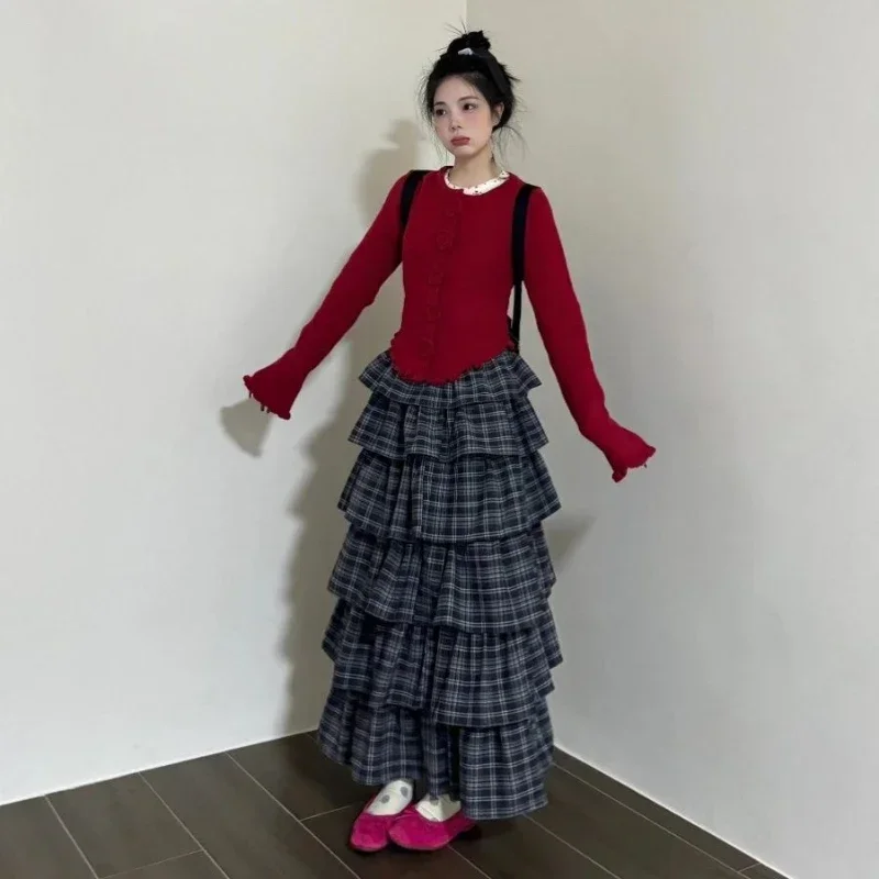 Deeptown Vintage Ruffle Plaid Skirt Women Elegant Sweet Long Skirts Japanese Style Streetwear Fashion Patchwork Layered Skirt