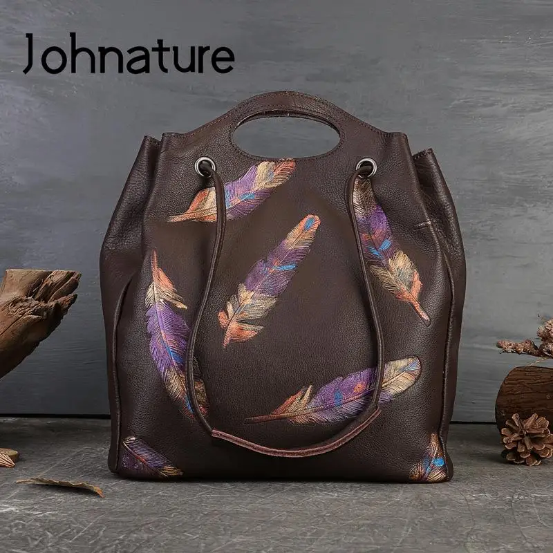 Johnature Vintage Feather Embossed Genuine Leather Women Bucket Bag Fashion Natural Cowhide Handbag Large Capacity Shoulder Bags