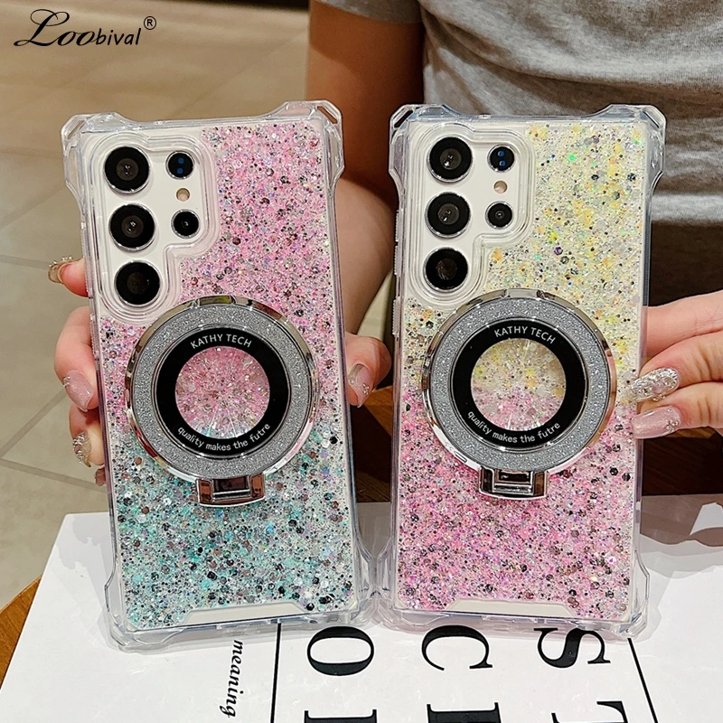 for Magsafe Glitter Ring Holder Case for Samsung Galaxy S24 Ultra S22 S23 Plus A55 A54 A53 A34 A14 Magnetic Bracket Stand Cover