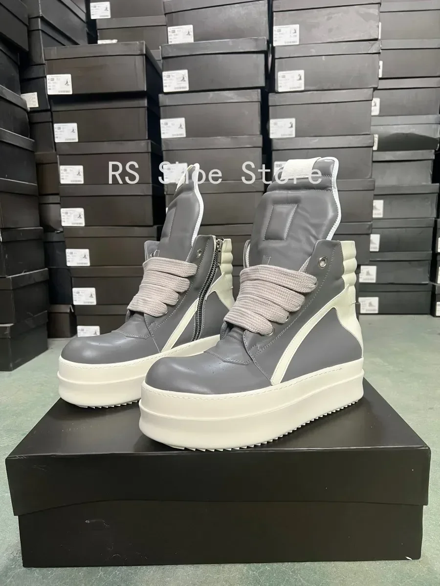 Ro مصمم أحذية الرجال حذاء رياضة رمادي النساء رمادي جلد حذاء بوت بطول الكاحل جامبو الأربطة منصة 6 سنتيمتر نعل سميك عالية أعلى حذاء كاجوال