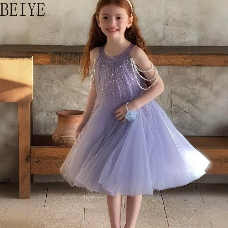 High End Tank Top Cake Birthday Dress Girls' Princess Summer Heavy Duty Sequin Dress Children Sleeveless Mesh Puff Dress