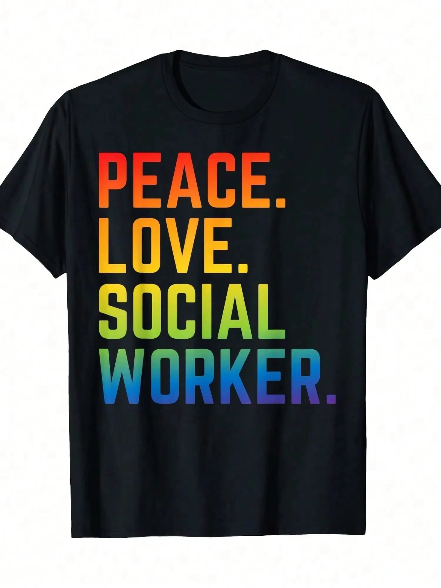 

Хлопковая футболка Rainbow Peace Love Social Worker — повседневная футболка с коротким рукавом и круглым вырезом с красочным буквенным принтом большого размера