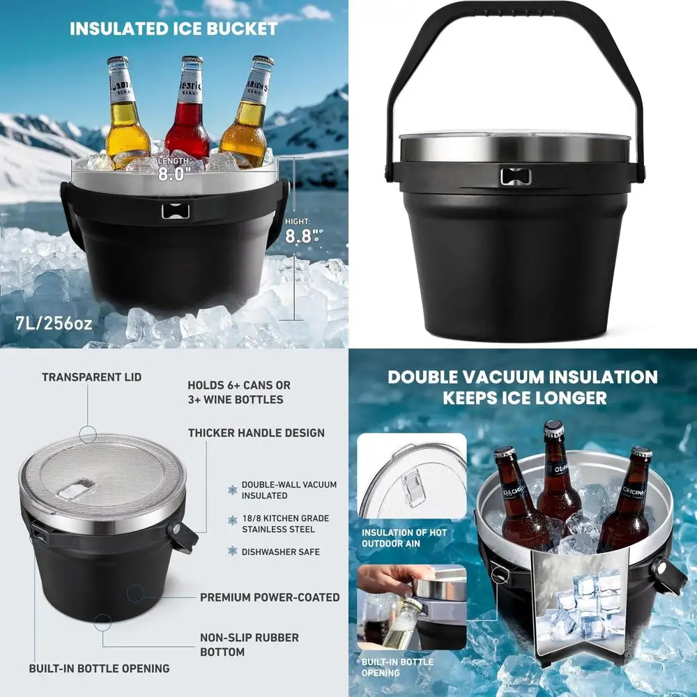 

Double Wall Vacuum Insulated Ice Bucket with Lid, Holds 6 Longnecks or 3 Wine Bottles, Ideal for Cocktails and Large Parties (Bl