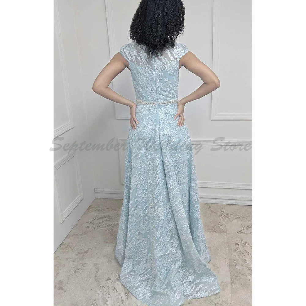 Pastorale Avondjurken Dames Mouwloos Babyblauw Hoge kwaliteit Vloerlengte Pailletten Glans Sweep Trein Spar Party Speciale Jurken
