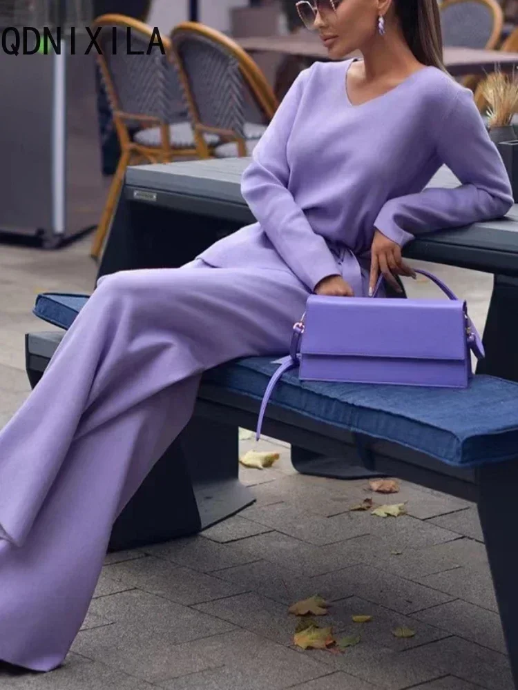 

Two Piece Pant Sets for Women Casual V-neck Knitted Sweater Suits New Elegant Women's Sweater with Belt and Wide Leg Pant Sets