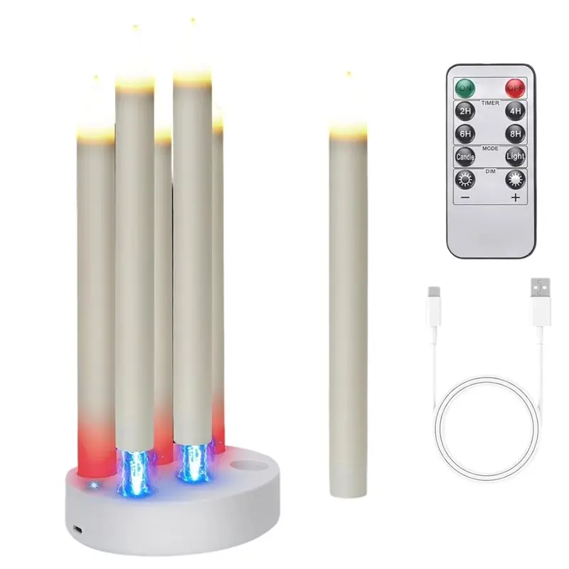 【CHRISTMAS 】Charging Station Included Rechargeable Flameless Taper Candles 6 Pcs LED Flickering Candles With Remote Timer