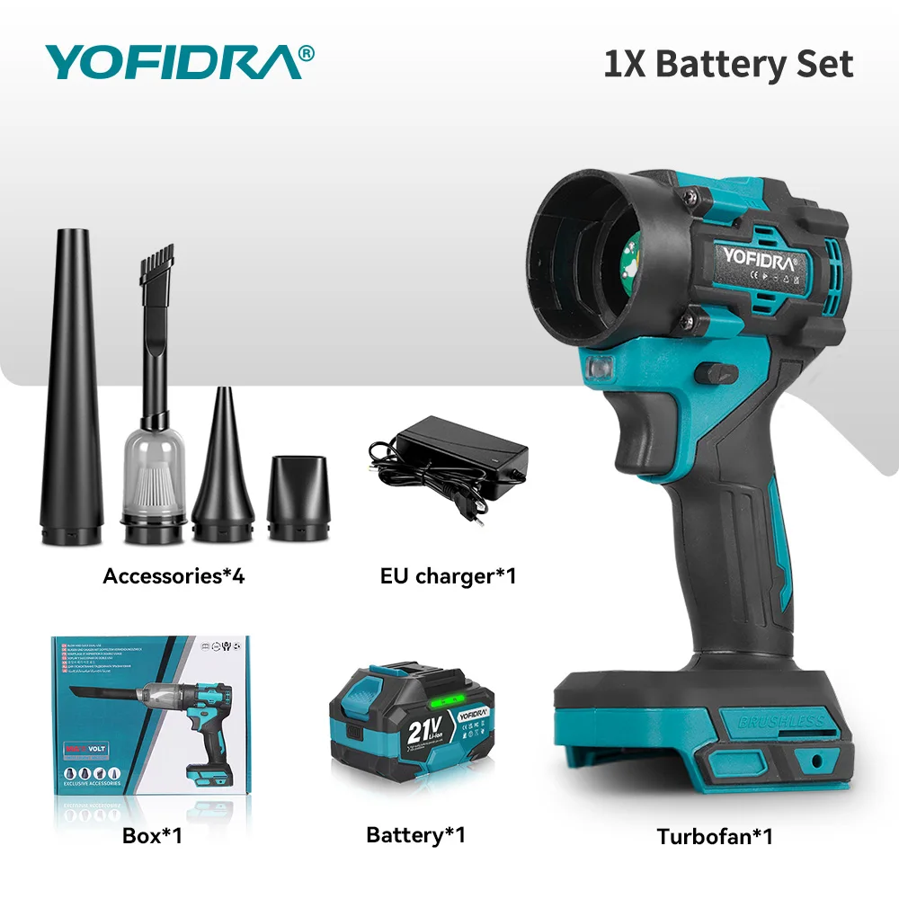 YOFIDRA Bürstenloser 80000RPM 2-in-1 Hochleistungs-Turbolüfter Elektrischer Luftbläser Jet-Fan Schnee-, Laub- und Staubentferner für Makita-Akkus